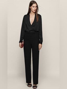 Reiss Imie Black Wrap Front Jumpsuit Plunge Neck Tailored 4 Elegant Minimalist